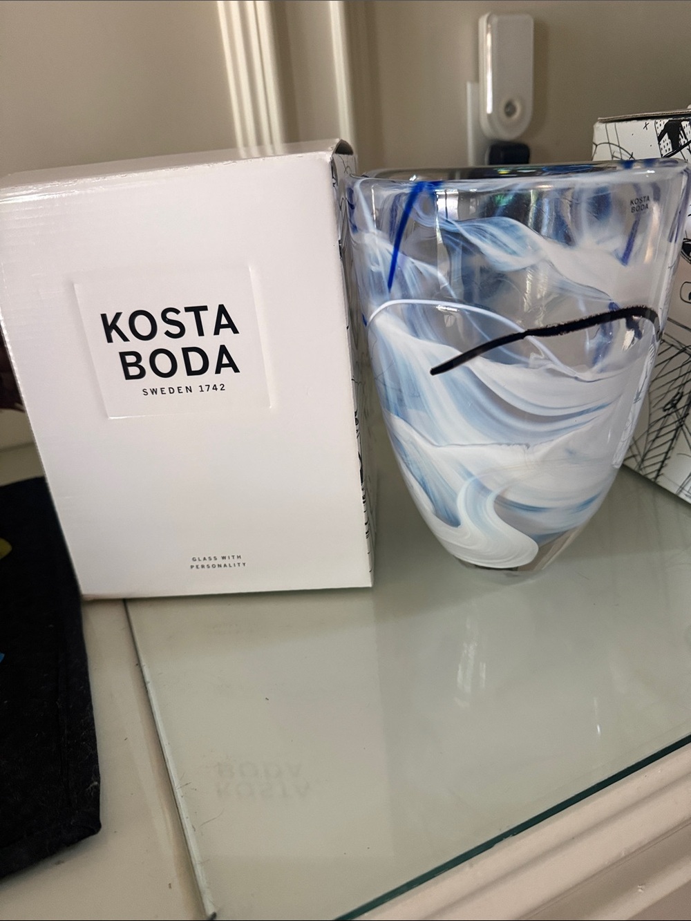 Kosta Boda Blue, White & Black Swirl Art Glass Vase